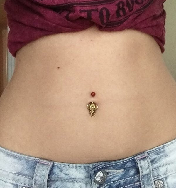 SALE! Orange Goldstone Ganesha Elephant 14G (1.6mm) Belly Navel Ring Piercing Natural Stone Rose Gold Steel Barbell Glitter Brown Stone