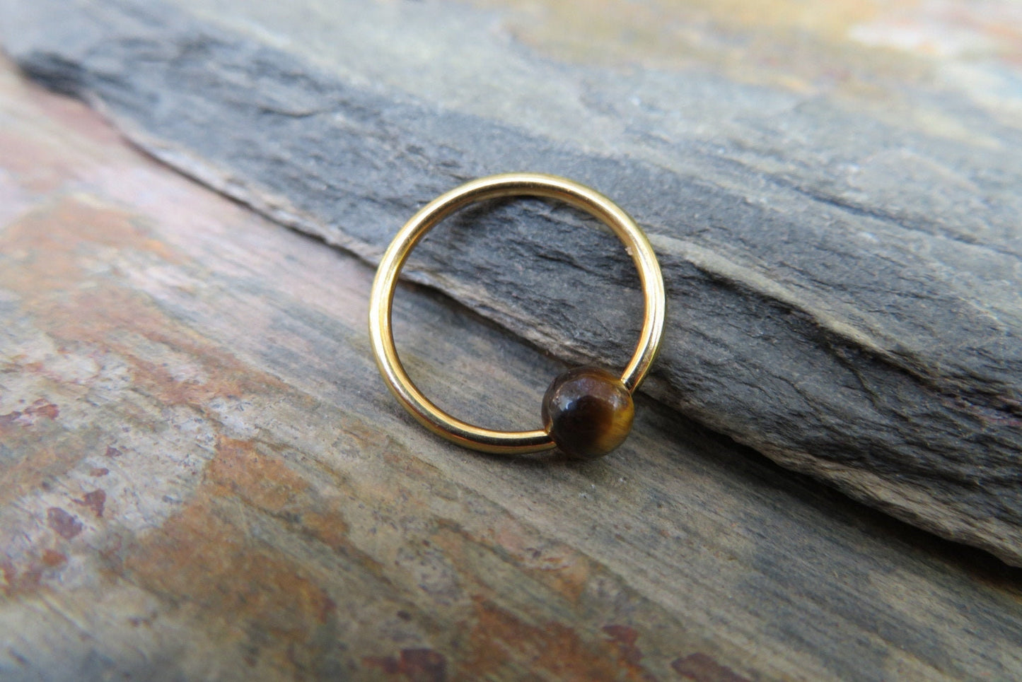 Natural Yellow Tiger's Eye Stone Bead Gold Titanium Plated CBR Ring Hoop 16G (1.2mm) 14G (1.6mm) Nose Cartilage Septum Piercing 316L Steel