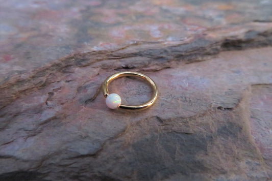 Gold White Fire Opal Bead CBR Ring Hoop 16G (1.2mm) 14G (1.6mm) Nose Cartilage Septum Lip Piercing 316L Surgical Steel