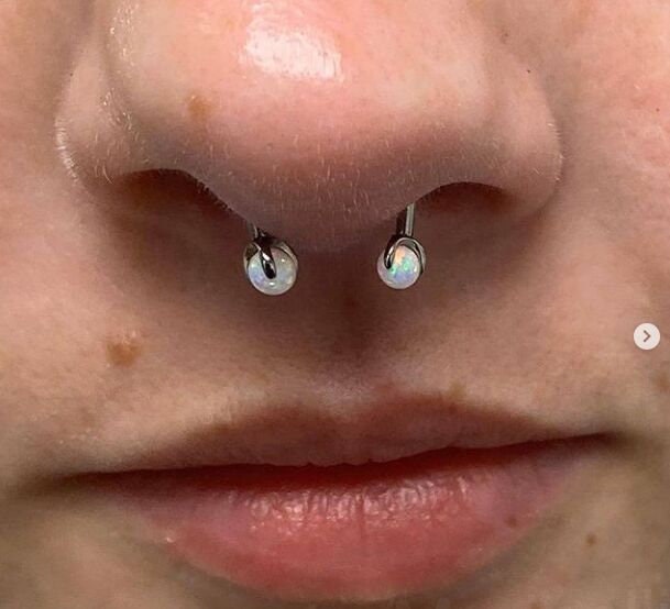 316L Surgical Steel Pronged White Fire Opal 16G (1.2mm) Internally Threaded Horseshoe Nose Ring Septum Piercing