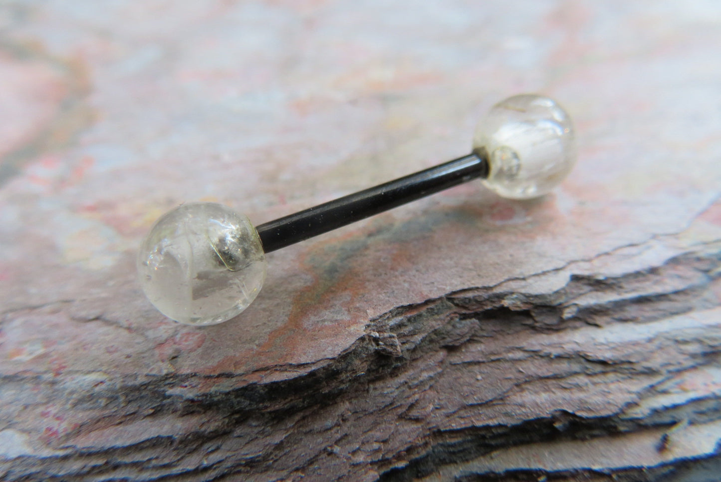Black Titanium Ion Plated Natural Golden Rutile Quartz 6mm Stone Nipple Tongue Ring 14G (1.6mm) Barbell Barbells Bars Piercing