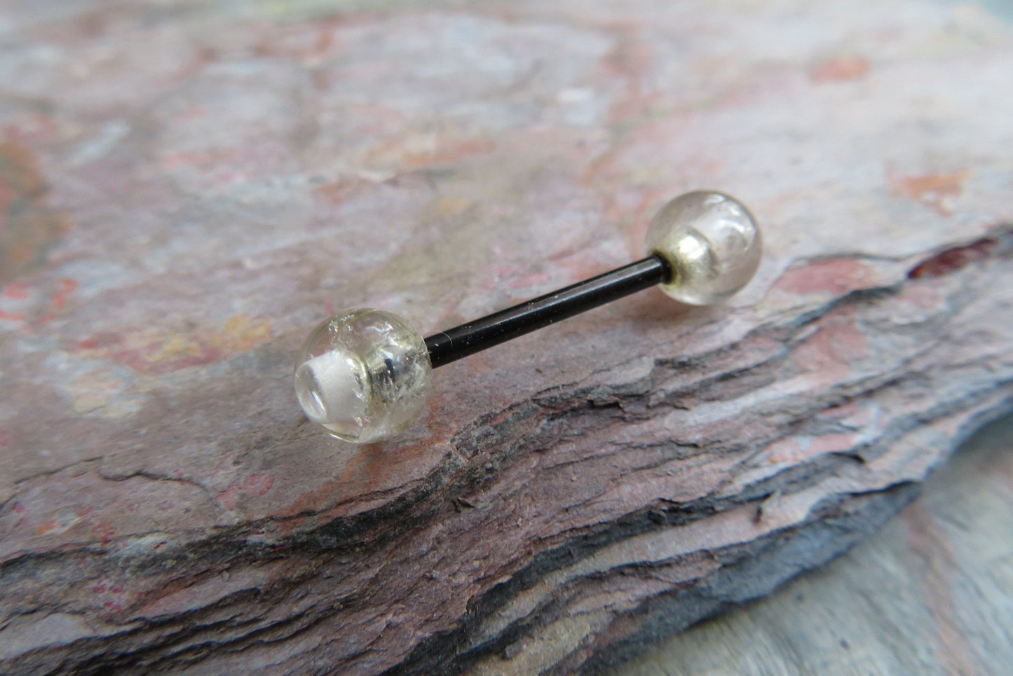 Black Titanium Ion Plated Natural Golden Rutile Quartz 6mm Stone Nipple Tongue Ring 14G (1.6mm) Barbell Barbells Bars Piercing