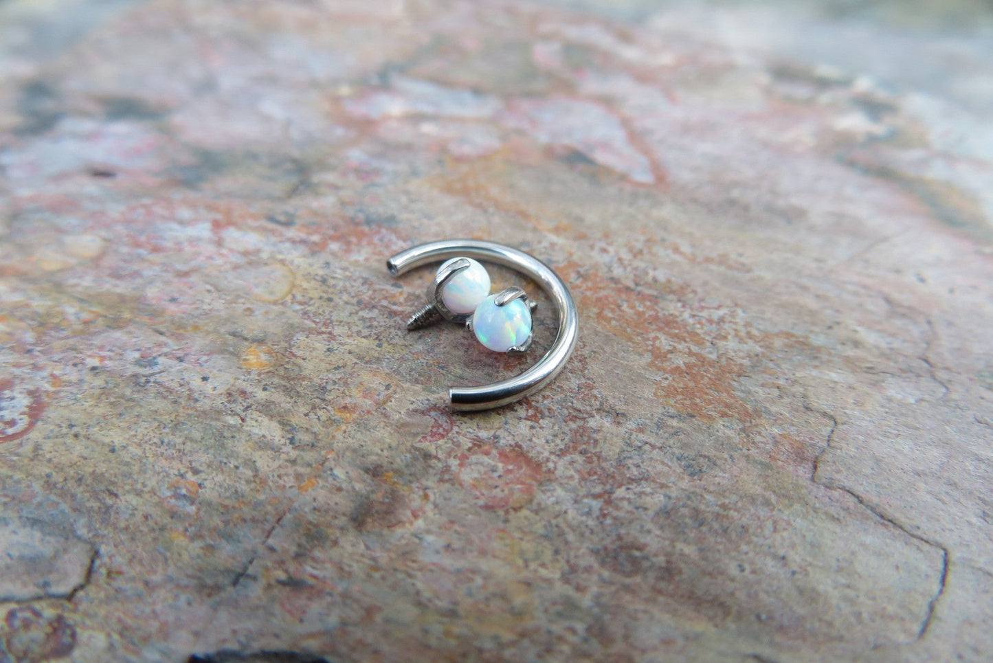 Black Titanium Ion Plated White Opal Pronged 16G (1.2mm) Internally Threaded Horseshoe Nose Ring Septum Piercing 316L Surgical Steel
