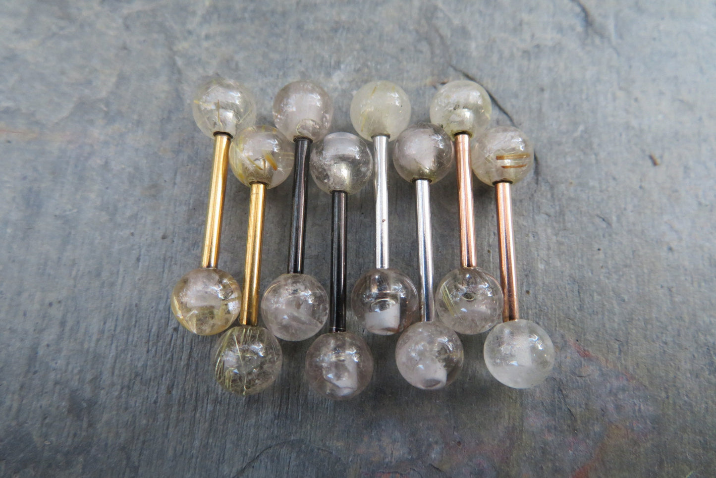 Black Titanium Ion Plated Natural Golden Rutile Quartz 6mm Stone Nipple Tongue Ring 14G (1.6mm) Barbell Barbells Bars Piercing