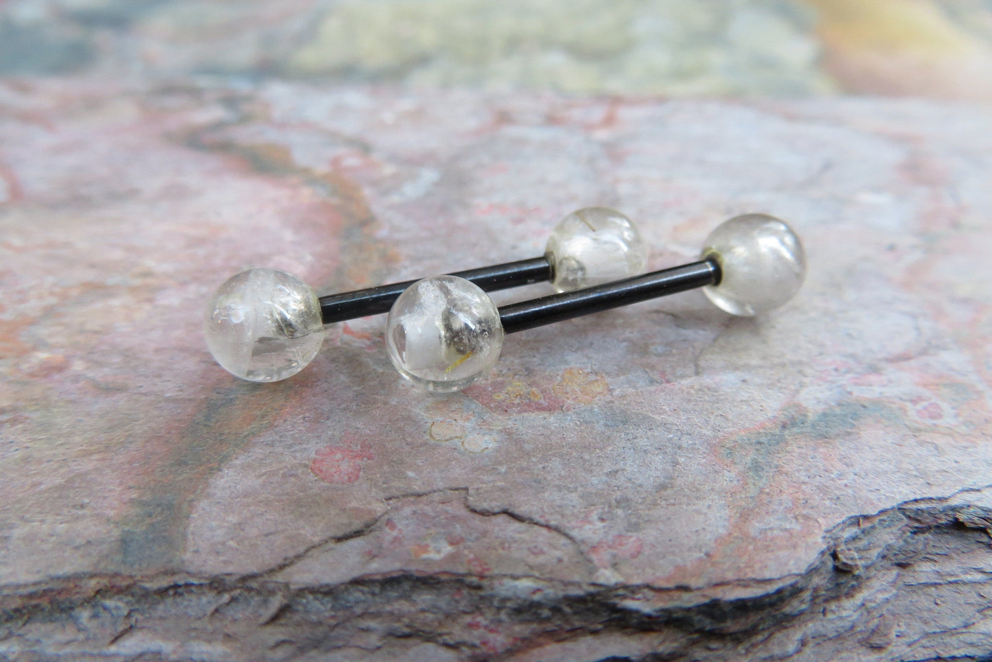 Black Titanium Ion Plated Natural Golden Rutile Quartz 6mm Stone Nipple Tongue Ring 14G (1.6mm) Barbell Barbells Bars Piercing