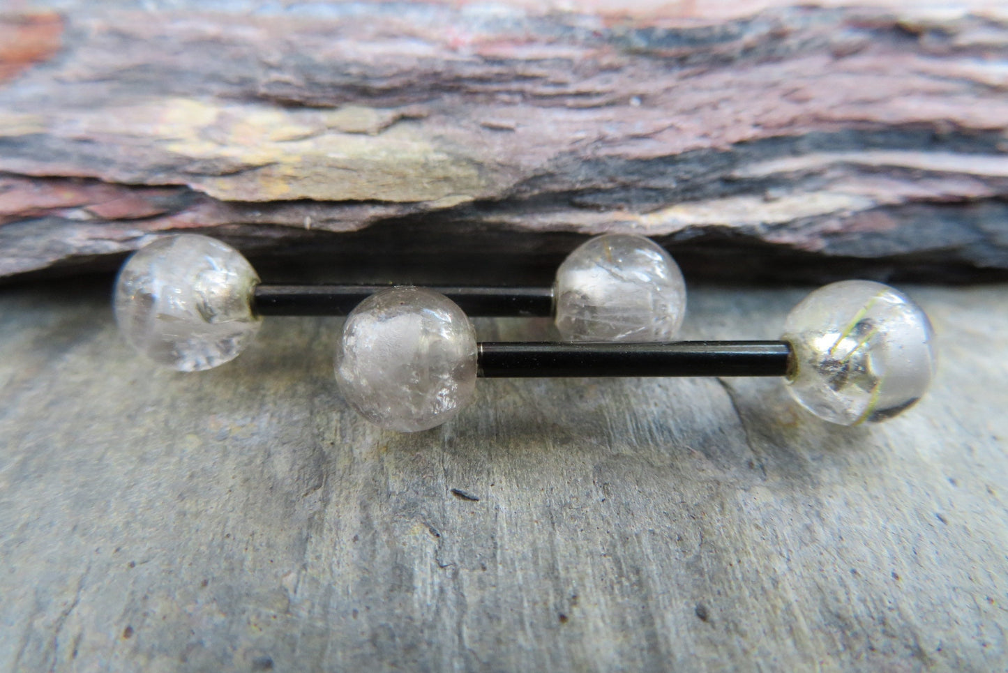 Black Titanium Ion Plated Natural Golden Rutile Quartz 6mm Stone Nipple Tongue Ring 14G (1.6mm) Barbell Barbells Bars Piercing