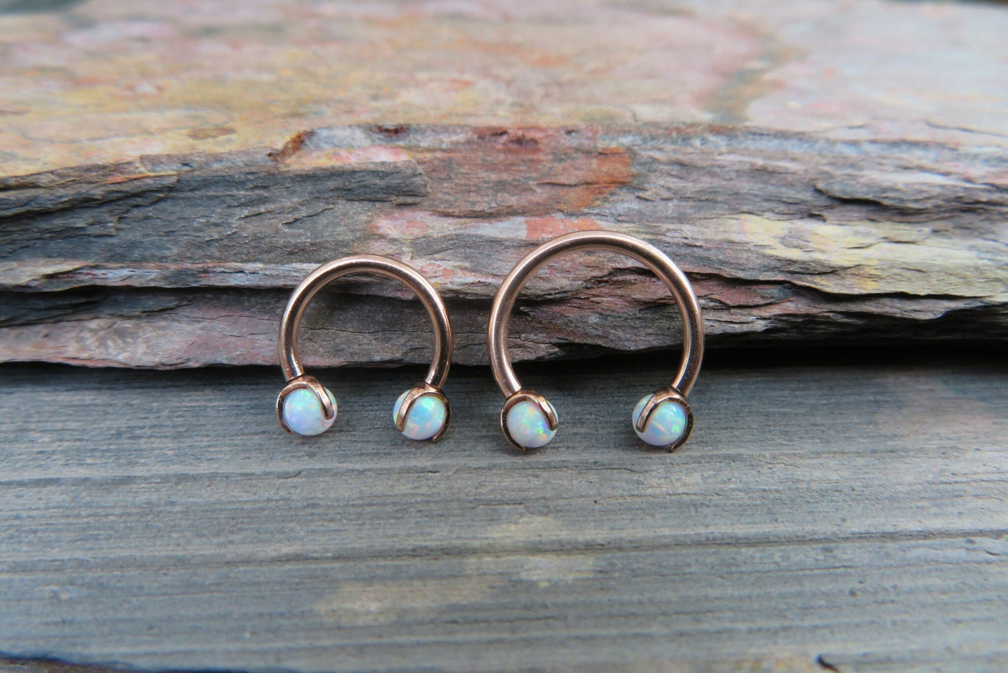 Rose Gold Titanium Ion Plated White Opal Pronged 16G (1.2mm) Internally Threaded Horseshoe Nose Ring Septum Piercing 316L Surgical Steel
