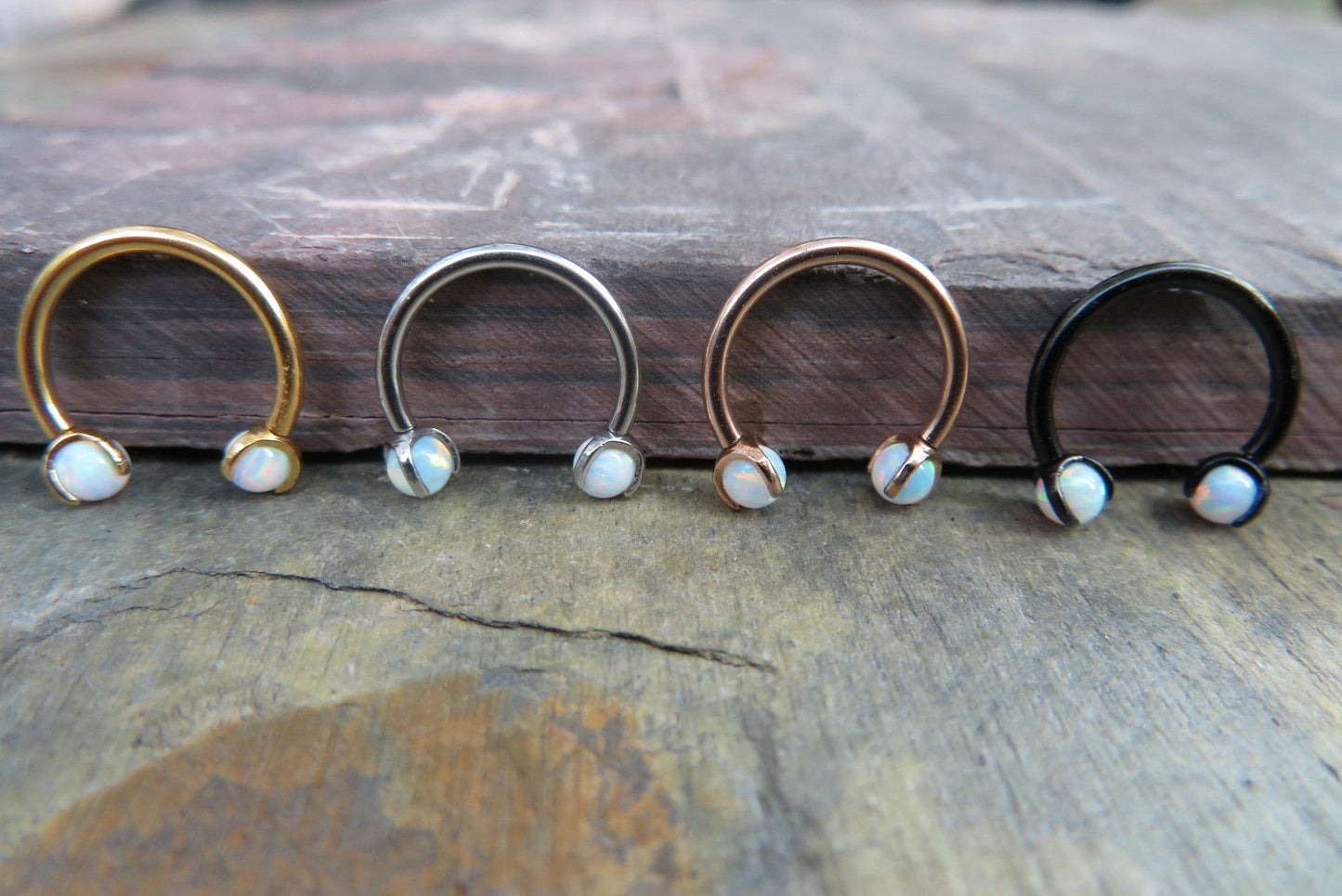 Black Titanium Ion Plated White Opal Pronged 16G (1.2mm) Internally Threaded Horseshoe Nose Ring Septum Piercing 316L Surgical Steel