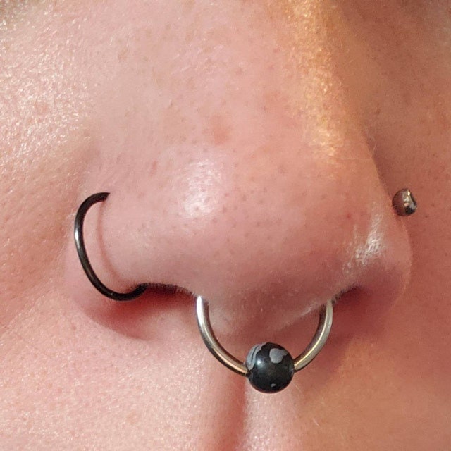 Natural Snowflake Obsidian Stone Bead Rose Gold Titanium Plated CBR Ring Hoop 16G (1.2mm) 14G (1.6mm) Nose Cartilage Septum Piercing Steel