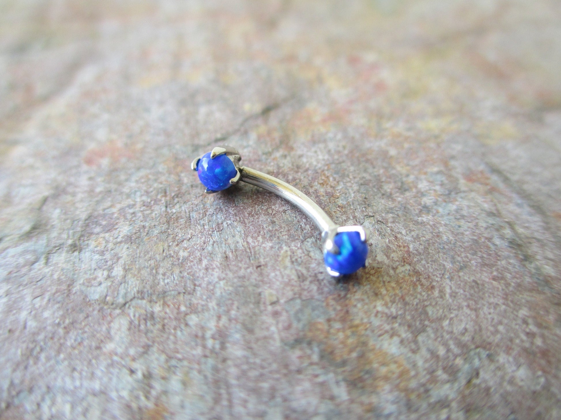 Blue Fire Opal Pronged Eyebrow Curve Rook 16g (1.2mm) Barbell Piercing Steel Earring 100% Surgical Steel Hypoallergenic