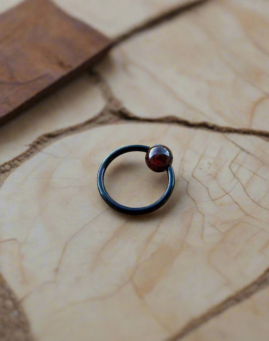 Natural Deep Red Garnet Stone Bead Black Titanium Plated CBR Ring Hoop 16G (1.2mm) 14G (1.6mm) Nose Cartilage Septum Piercing 316L Steel