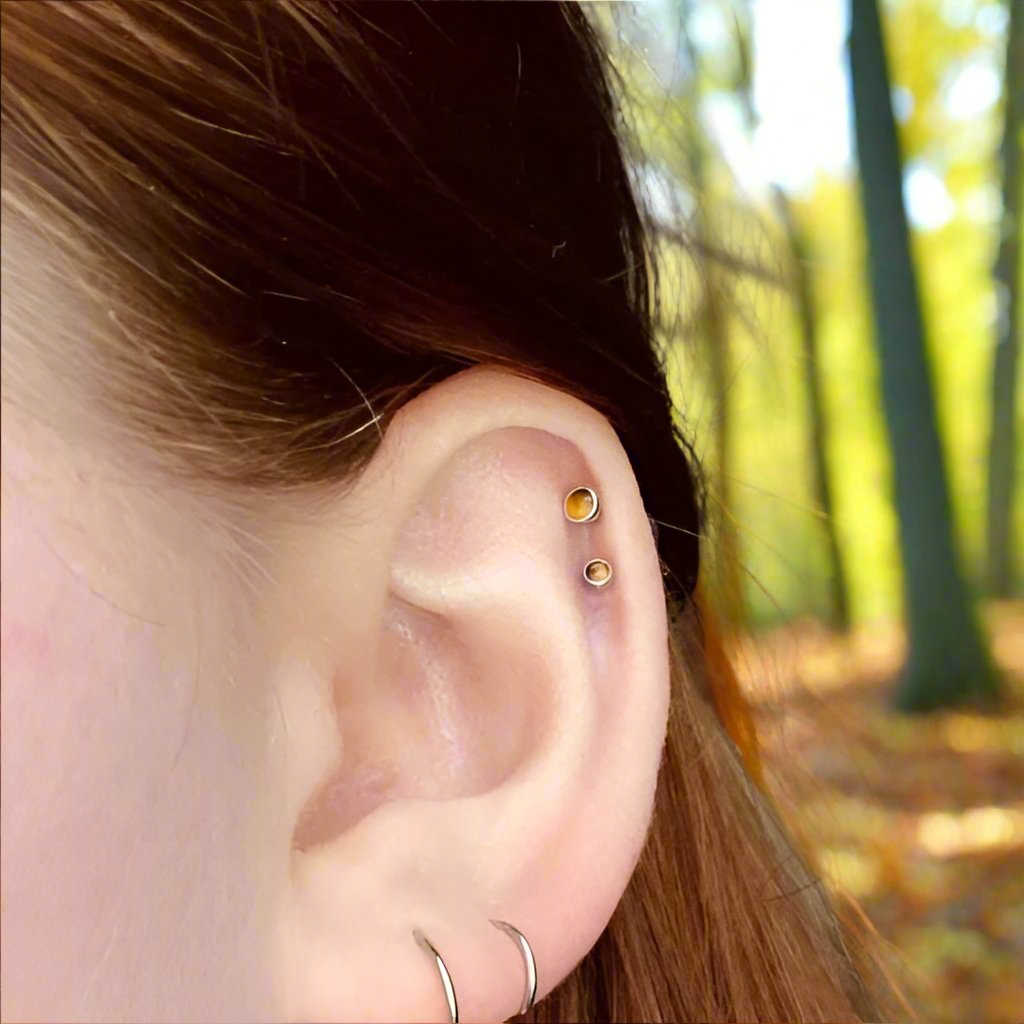 Natural Yellow Tiger's Eye Stone Flatback Labret Surgical Steel 18G (1.0mm) 16G (1.2mm) Cartilage Tragus Lip Labret Monroe Piercing Silver