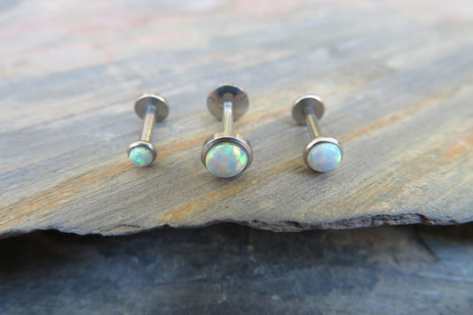 White Fire Opal Flatback Labret Hypoallergenic Surgical Steel 18G (1.0mm) 16G (1.2mm) Cartilage Tragus Lip Labret Monroe Piercing