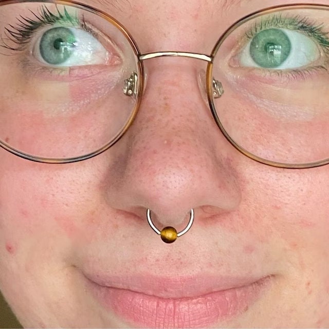Natural Yellow Tiger's Eye Stone Bead Surgical Steel CBR Ring Hoop 16G (1.2mm) 14G (1.6mm) Nose Cartilage Septum Piercing Hypoallergenic