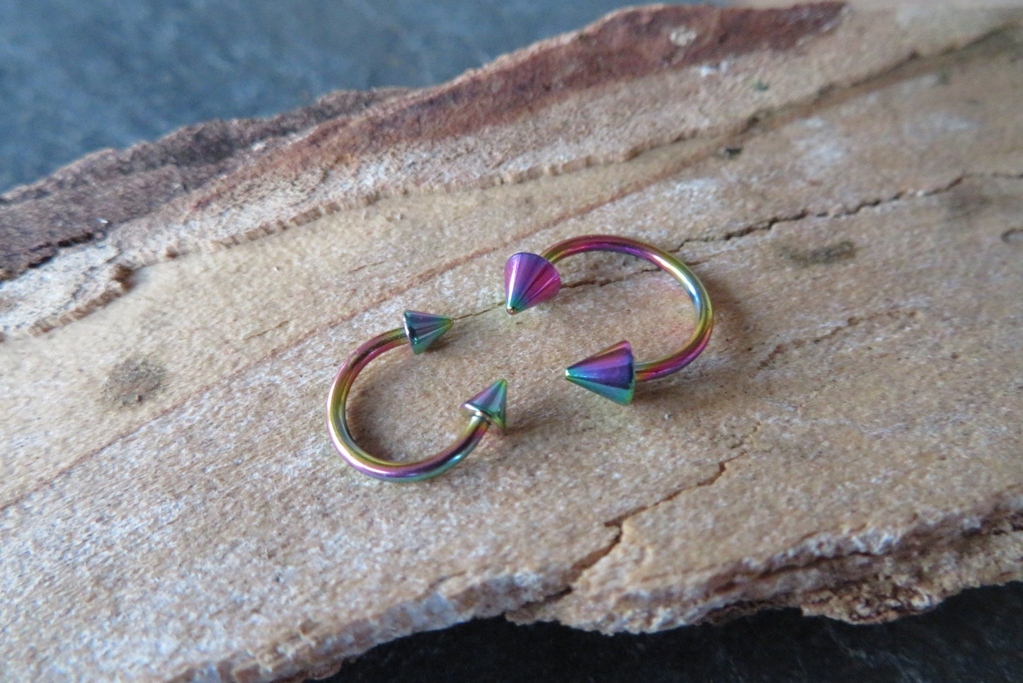 Rainbow Titanium Ion Plated Spiked 16G (1.2mm) Horseshoe Ring Septum Piercing 316L Surgical Steel Spikes