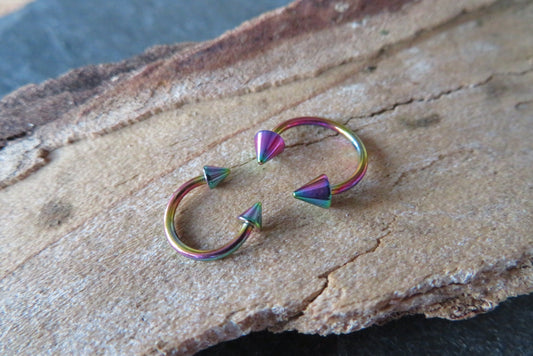 Rainbow Titanium Ion Plated Spiked 16G (1.2mm) Horseshoe Ring Septum Piercing 316L Surgical Steel Spikes
