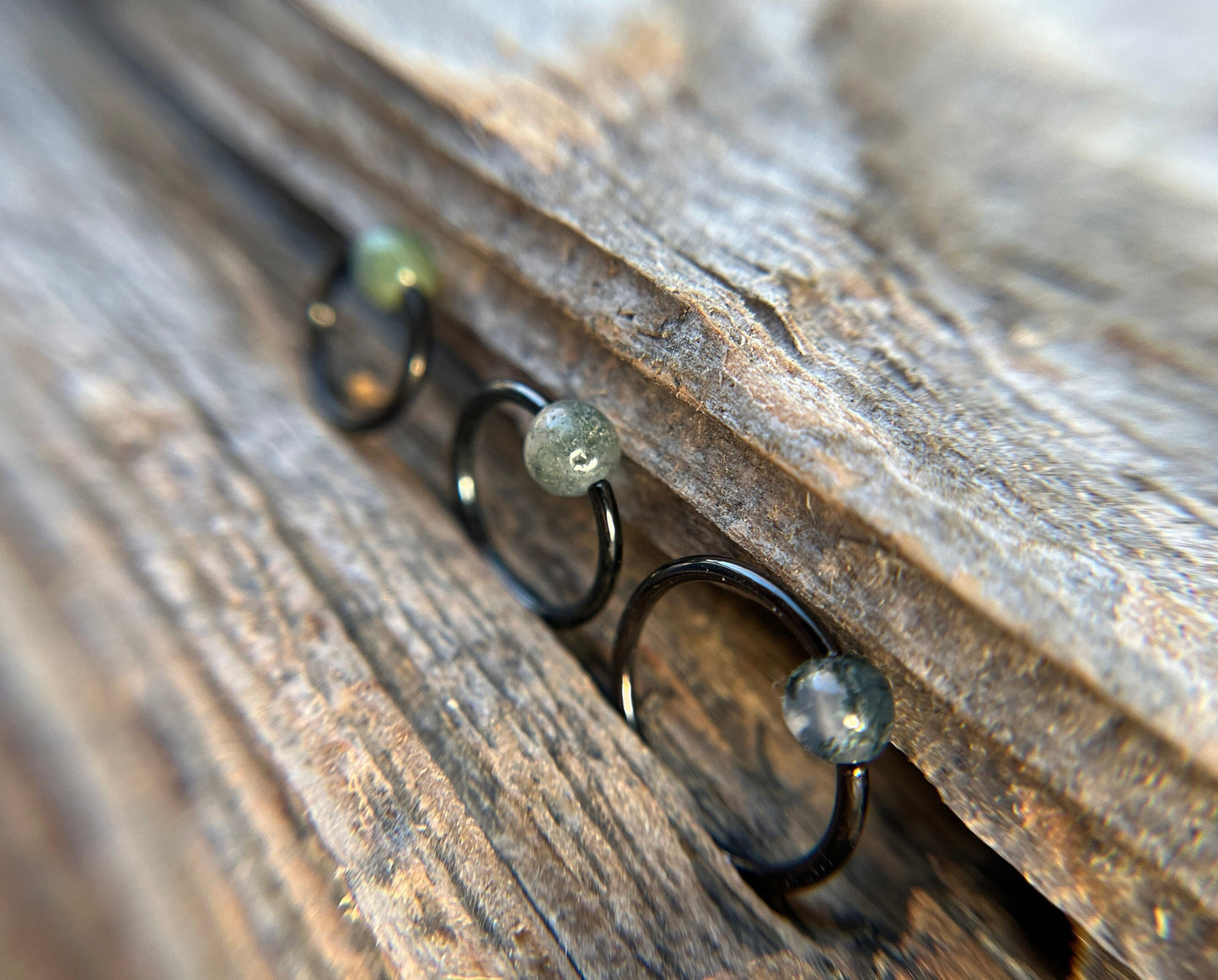 Natural Moss Agate Stone Bead Black Titanium Plated CBR Ring Hoop 16G (1.2mm) 14G (1.6mm) Nose Cartilage Septum Piercing 316L Surgical Steel