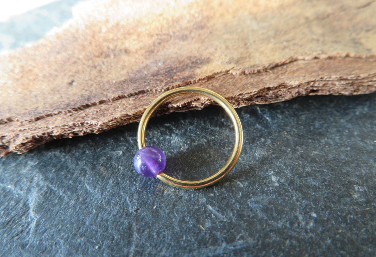 Natural Purple Amethyst Stone Bead Gold Titanium Plated CBR Ring Hoop 16G (1.2mm) 14G (1.6mm) Nose Cartilage Septum Piercing 316L Steel