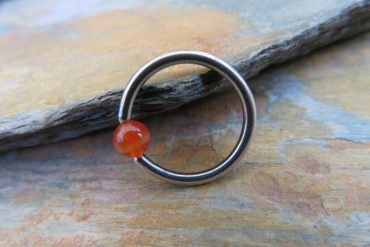 Pure Titanium T-23 Implant Grade Natural Orange Carnelian Stone Bead CBR Ring Hoop 16G (1.2mm) 14G (1.6mm) Nose Helix Septum Lip Piercing