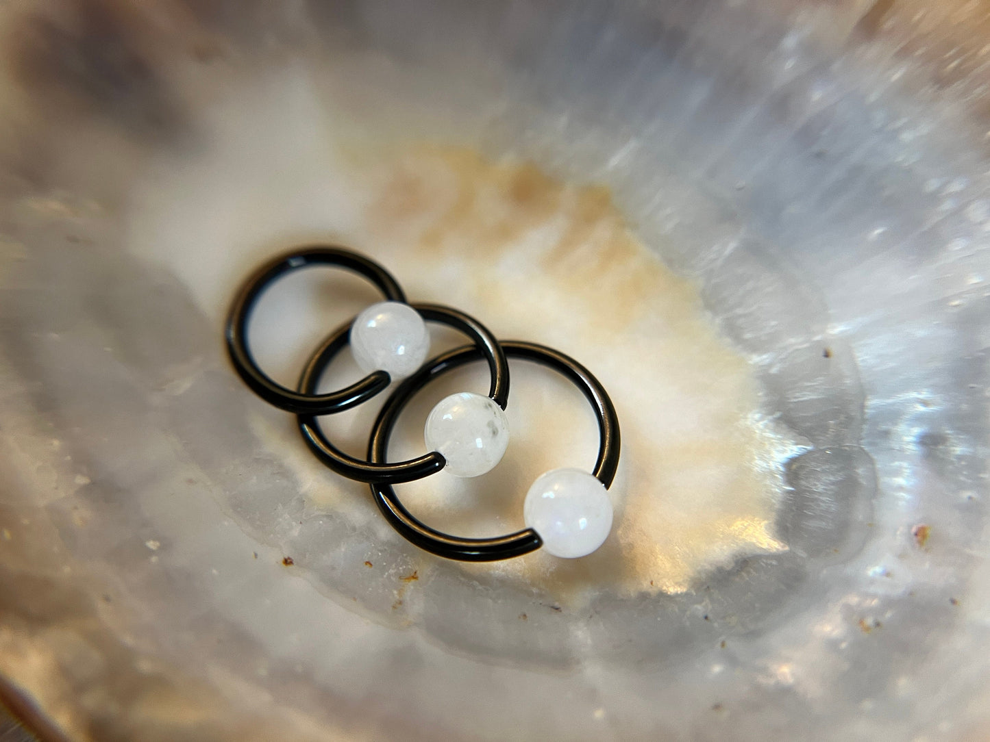 Natural Rainbow Moonstone Bead Black Titanium Plated CBR Ring Hoop 16G (1.2mm) 14G (1.6mm) Nose Septum Piercing 316L Steel Cartilage