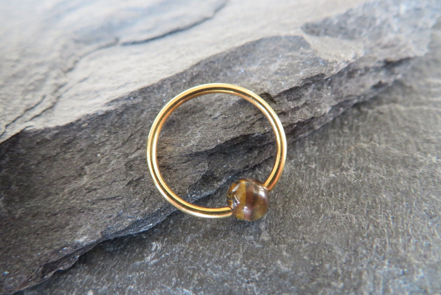 Natural Yellow Tiger's Eye Stone Bead Gold Titanium Plated CBR Ring Hoop 16G (1.2mm) 14G (1.6mm) Nose Cartilage Septum Piercing 316L Steel
