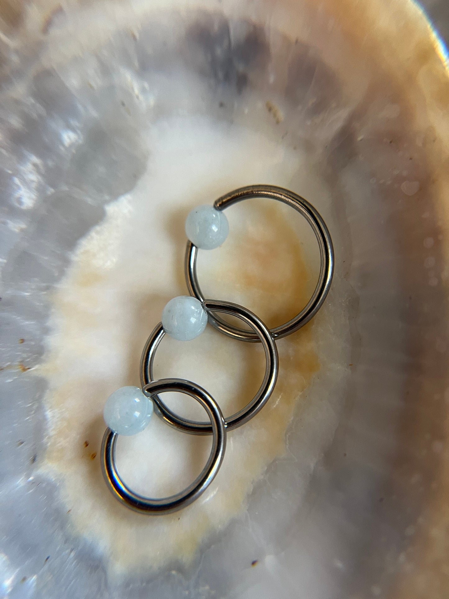 Pure Titanium T-23 Implant Grade Natural Aquamarine Quartz Stone Bead CBR Ring Hoop 16G (1.2mm) 14G (1.6mm) Nose Septum Helix Lip Piercing