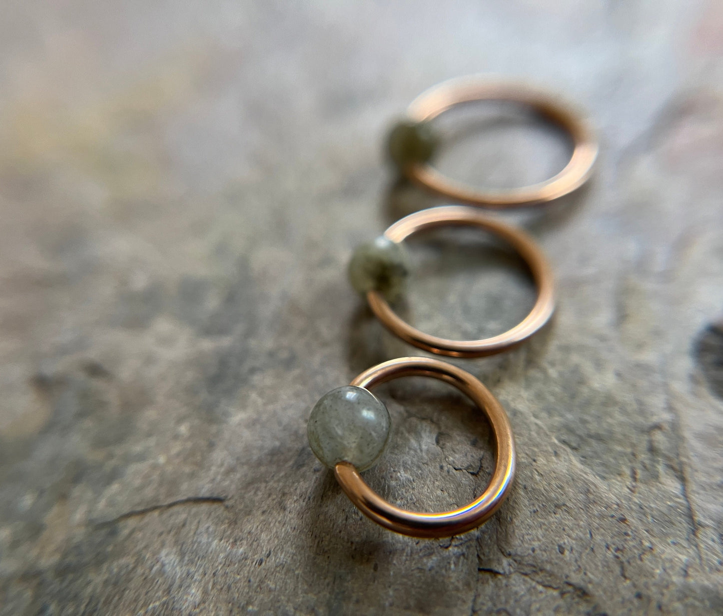 Natural Labradorite Stone Bead Rose Gold Titanium Plated CBR Ring Hoop 16G (1.2mm) 14G (1.6mm) Nose Helix Septum Piercing 316L Steel