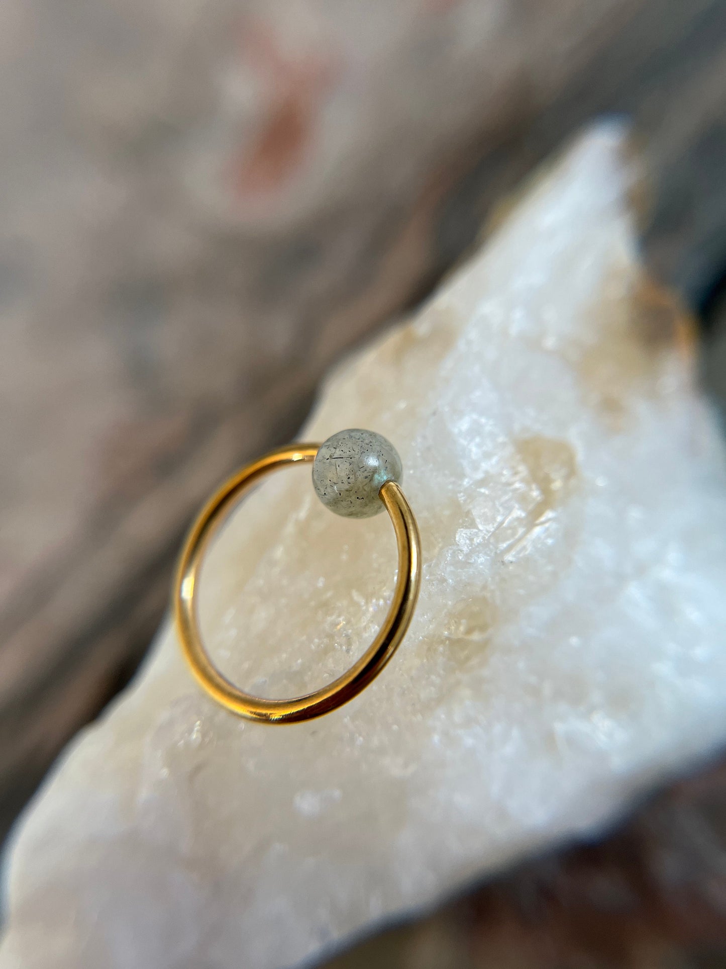 Natural Labradorite Stone Bead Gold Titanium Plated CBR Ring Hoop 16G (1.2mm) 14G (1.6mm) Nose Helix Cartilage Septum Piercing 316L Steel