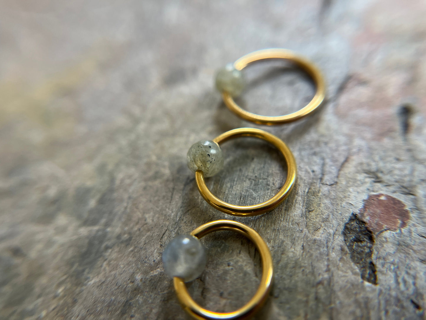 Natural Labradorite Stone Bead Gold Titanium Plated CBR Ring Hoop 16G (1.2mm) 14G (1.6mm) Nose Helix Cartilage Septum Piercing 316L Steel