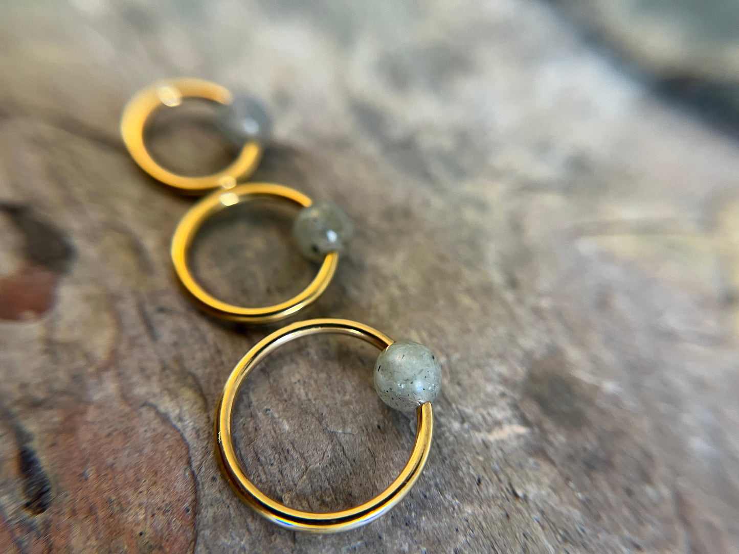 Natural Labradorite Stone Bead Gold Titanium Plated CBR Ring Hoop 16G (1.2mm) 14G (1.6mm) Nose Helix Cartilage Septum Piercing 316L Steel