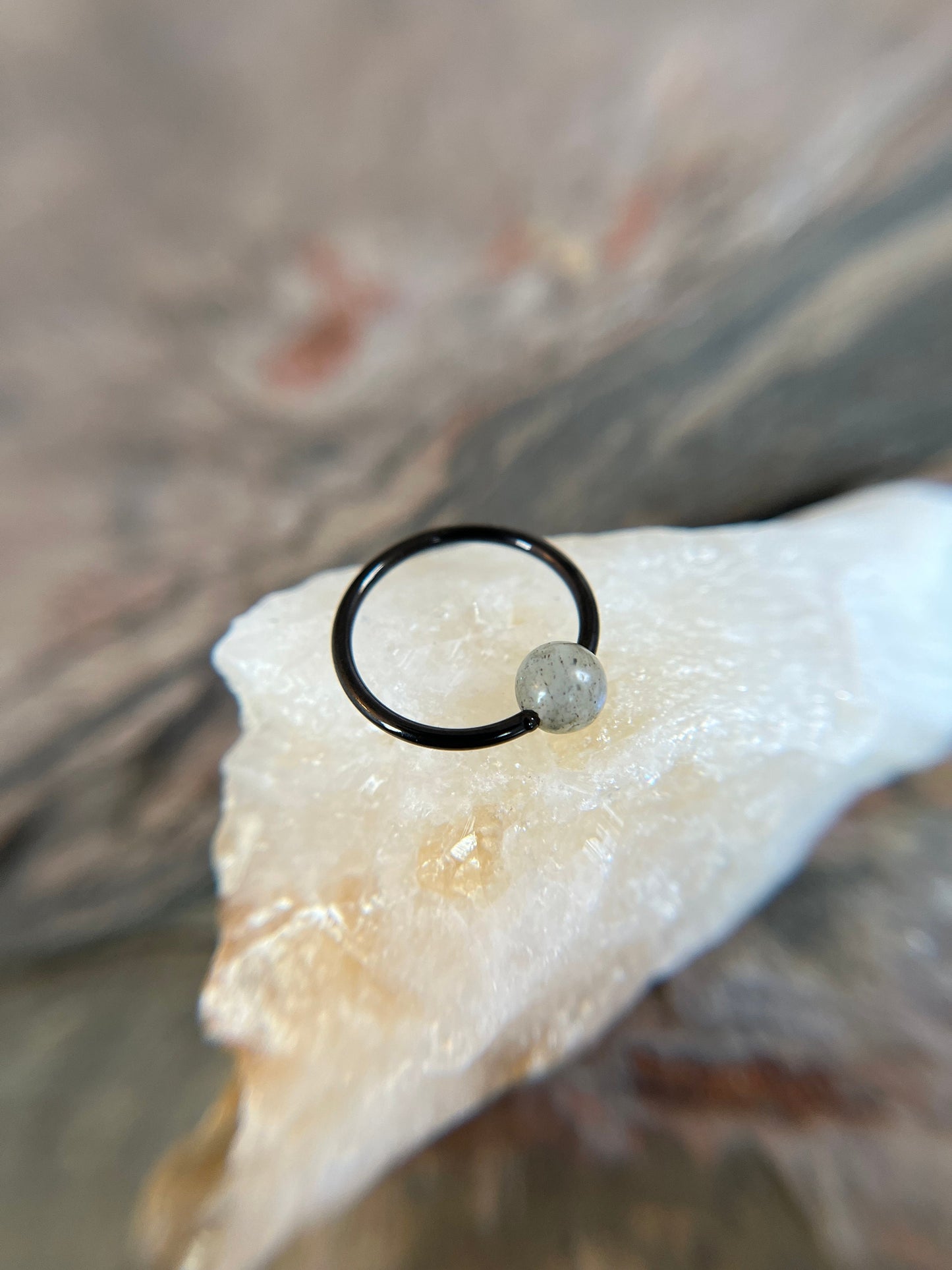 Natural Labradorite Stone Bead Black Titanium Plated CBR Ring Hoop 16G (1.2mm) 14G (1.6mm) Nose Helix Cartilage Septum Piercing 316L Steel