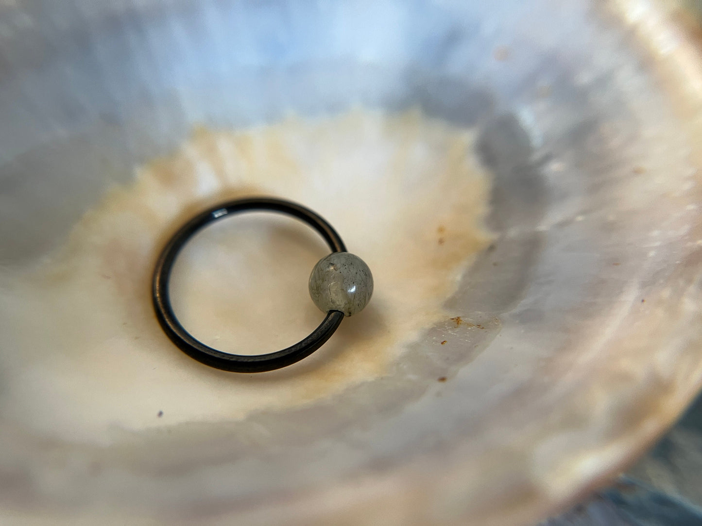 Natural Labradorite Stone Bead Black Titanium Plated CBR Ring Hoop 16G (1.2mm) 14G (1.6mm) Nose Helix Cartilage Septum Piercing 316L Steel