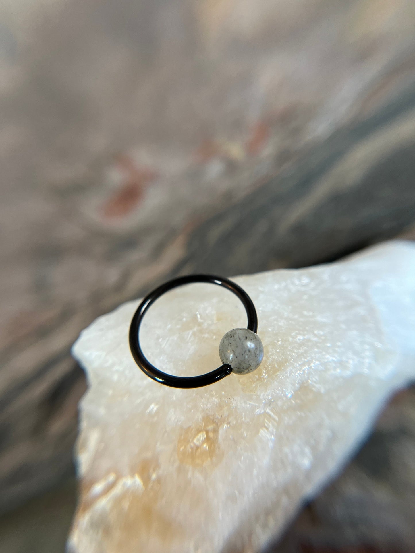 Natural Labradorite Stone Bead Black Titanium Plated CBR Ring Hoop 16G (1.2mm) 14G (1.6mm) Nose Helix Cartilage Septum Piercing 316L Steel