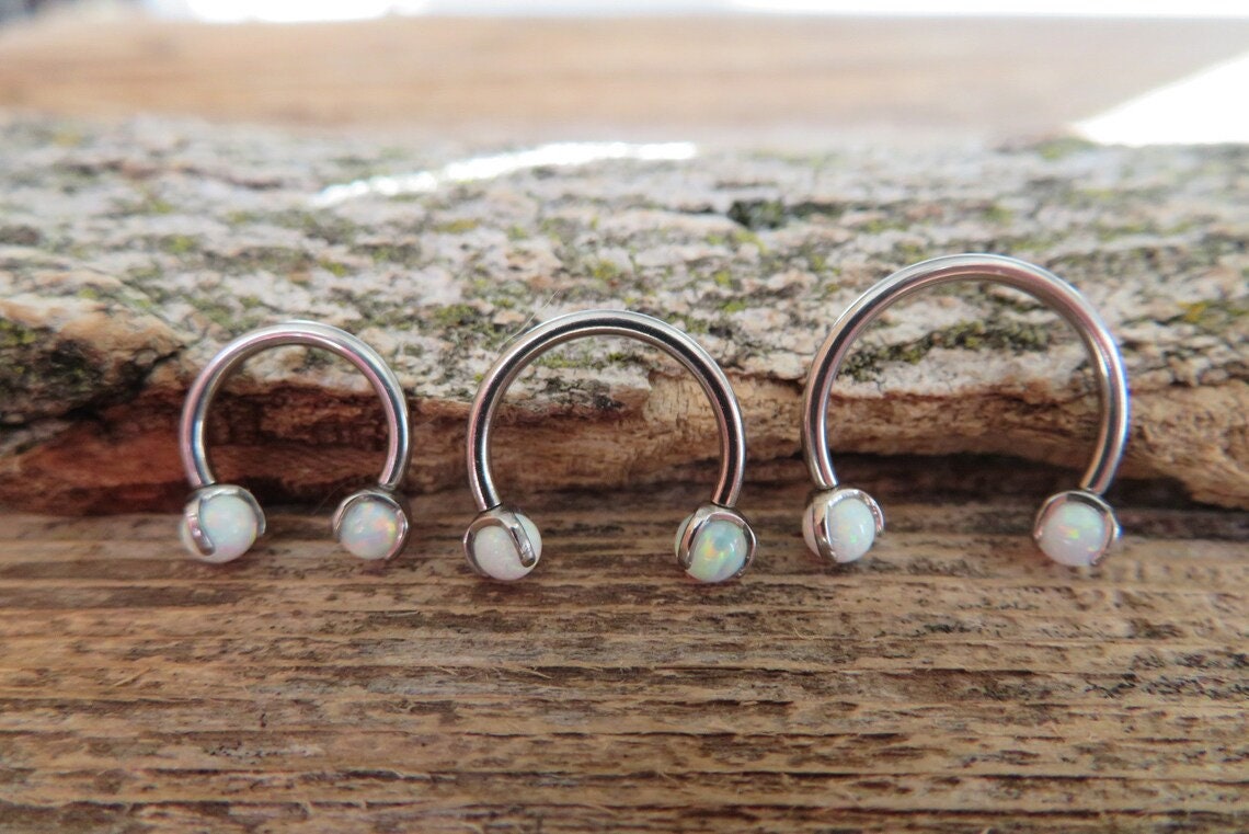 316L Surgical Steel Pronged White Fire Opal 16G (1.2mm) Internally Threaded Horseshoe Nose Ring Septum Piercing