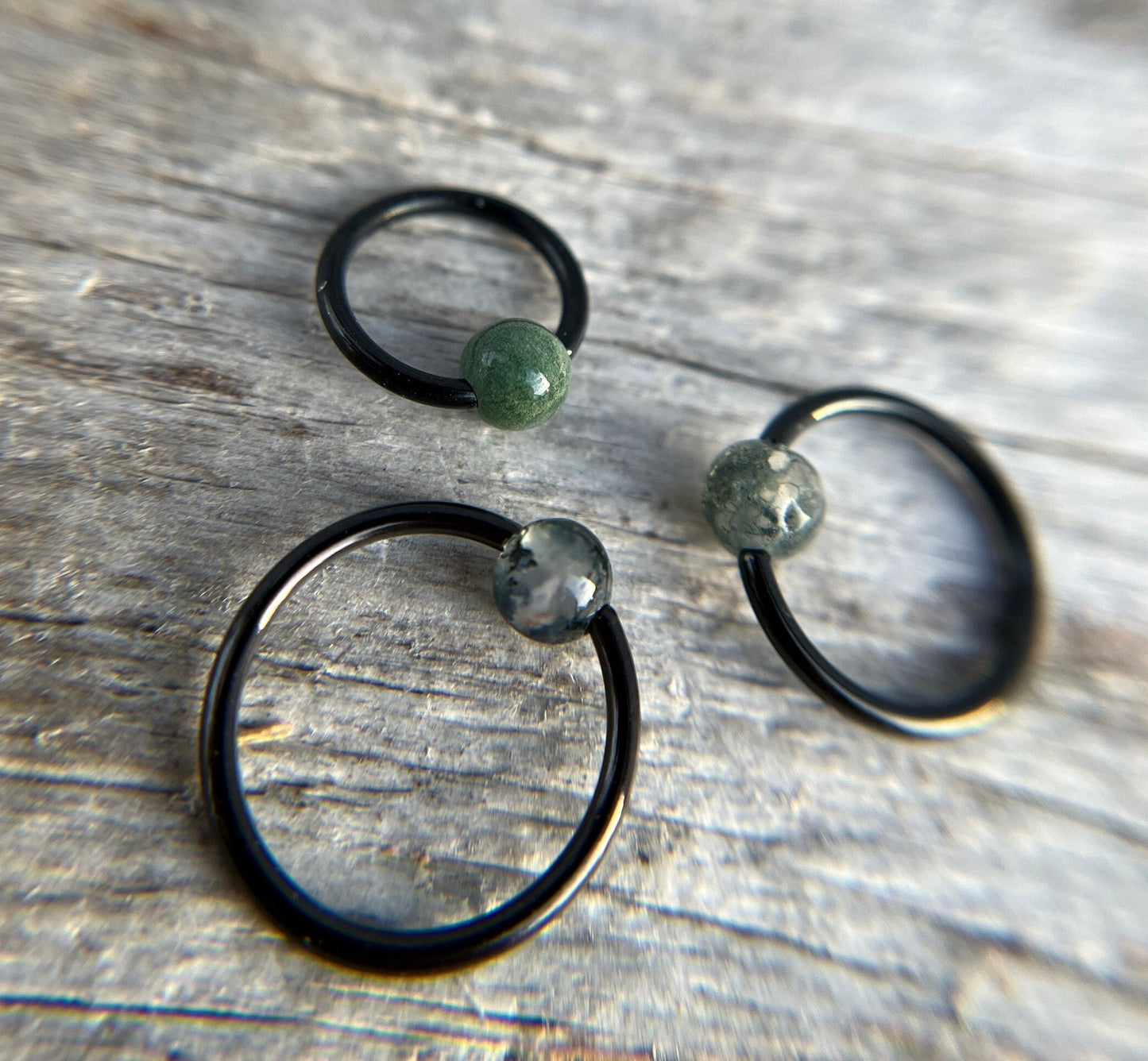 Natural Moss Agate Stone Bead Black Titanium Plated CBR Ring Hoop 16G (1.2mm) 14G (1.6mm) Nose Cartilage Septum Piercing 316L Surgical Steel