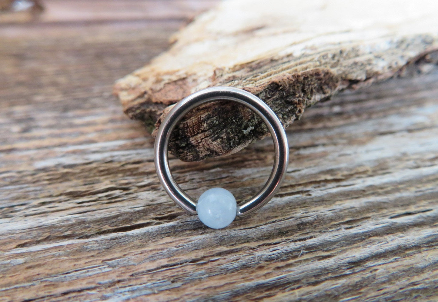 Pure Titanium T-23 Implant Grade Natural Aquamarine Quartz Stone Bead CBR Ring Hoop 16G (1.2mm) 14G (1.6mm) Nose Septum Helix Lip Piercing
