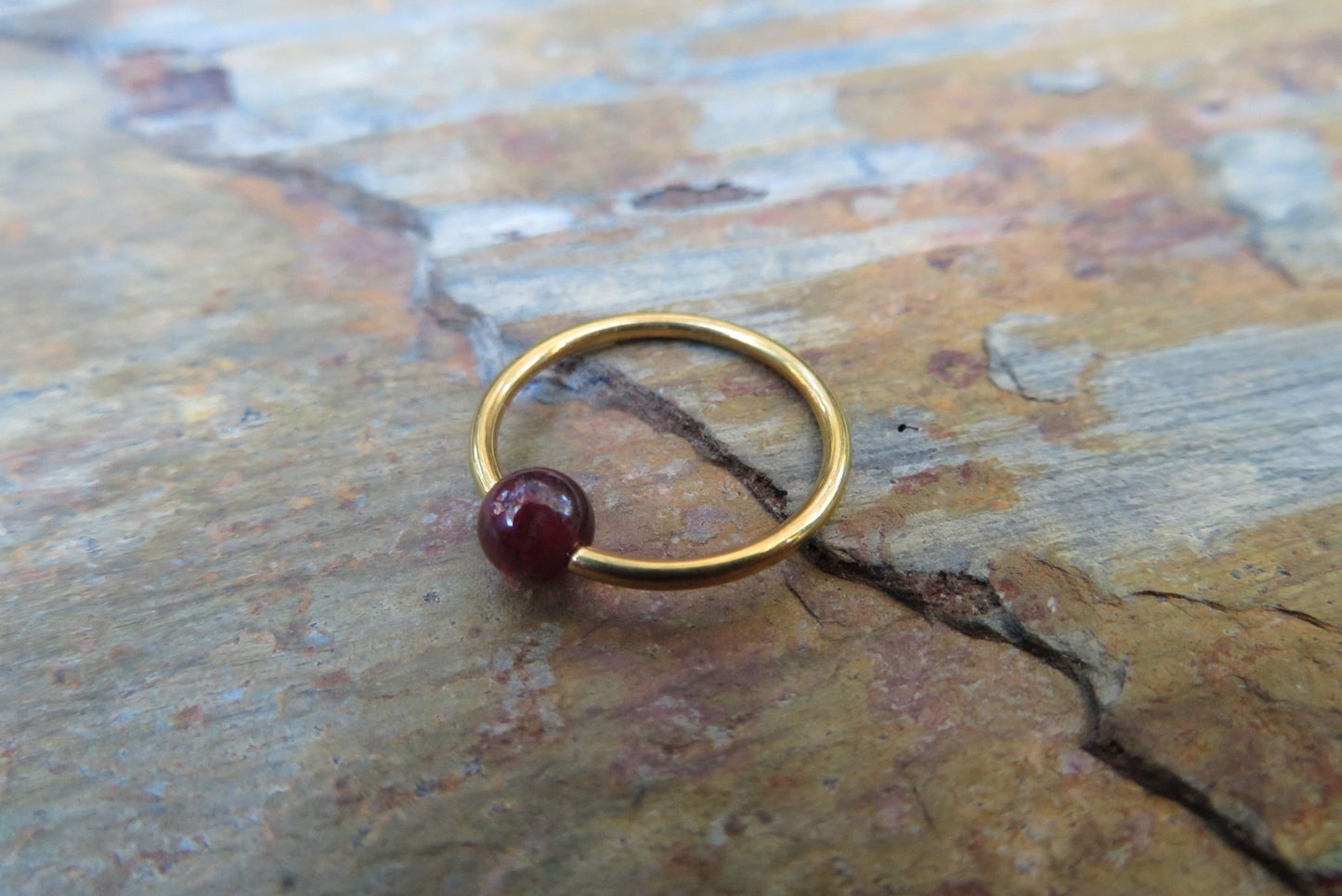 Natural Deep Red Garnet Stone Bead Gold Titanium Plated CBR Ring Hoop 16G (1.2mm) 14G (1.6mm) Nose Cartilage Septum Piercing 316L Steel