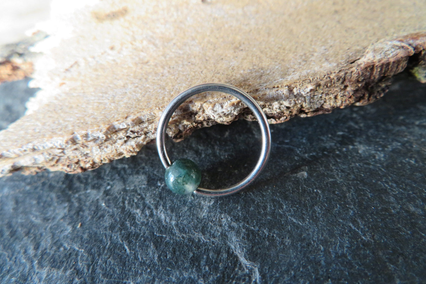 Natural Moss Agate Stone Bead Steel CBR Ring Hoop 16G (1.2mm) 14G (1.6mm) Nose Cartilage Septum Lip Piercing 316L Surgical Hypoallergenic