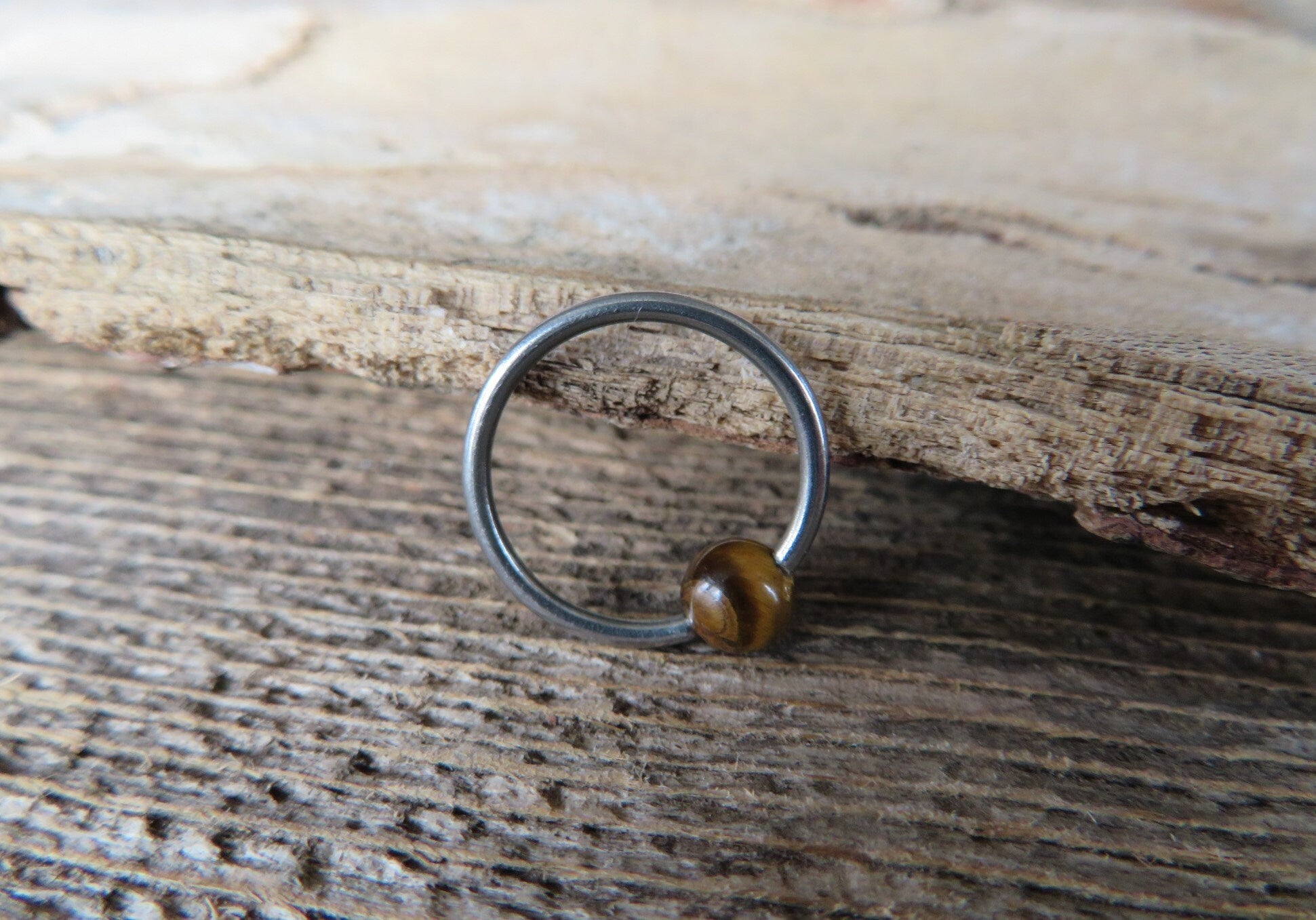 Pure Titanium T-23 Implant Grade Natural Yellow Tiger's Eye Stone Bead CBR Ring Hoop 16G (1.2mm) 14G (1.6mm) Nose Helix Septum Lip Piercing