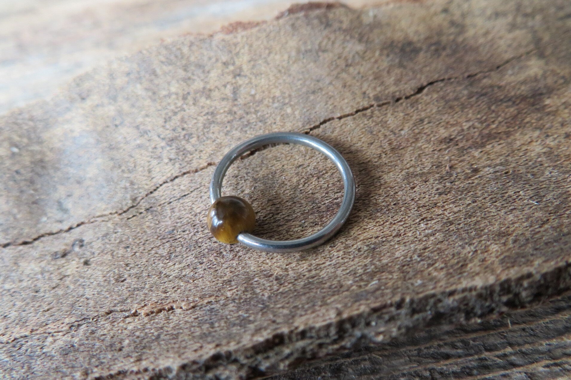 Pure Titanium T-23 Implant Grade Natural Yellow Tiger's Eye Stone Bead CBR Ring Hoop 16G (1.2mm) 14G (1.6mm) Nose Helix Septum Lip Piercing