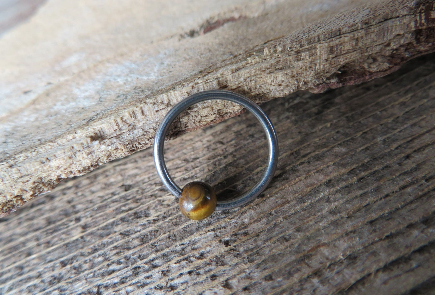 Pure Titanium T-23 Implant Grade Natural Yellow Tiger's Eye Stone Bead CBR Ring Hoop 16G (1.2mm) 14G (1.6mm) Nose Helix Septum Lip Piercing