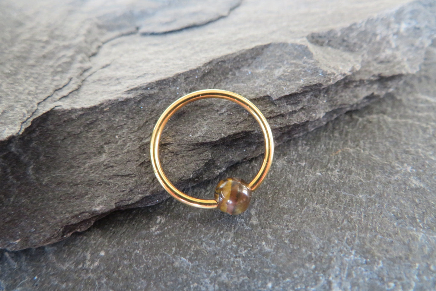 Natural Yellow Tiger's Eye Stone Bead Gold Titanium Plated CBR Ring Hoop 16G (1.2mm) 14G (1.6mm) Nose Cartilage Septum Piercing 316L Steel