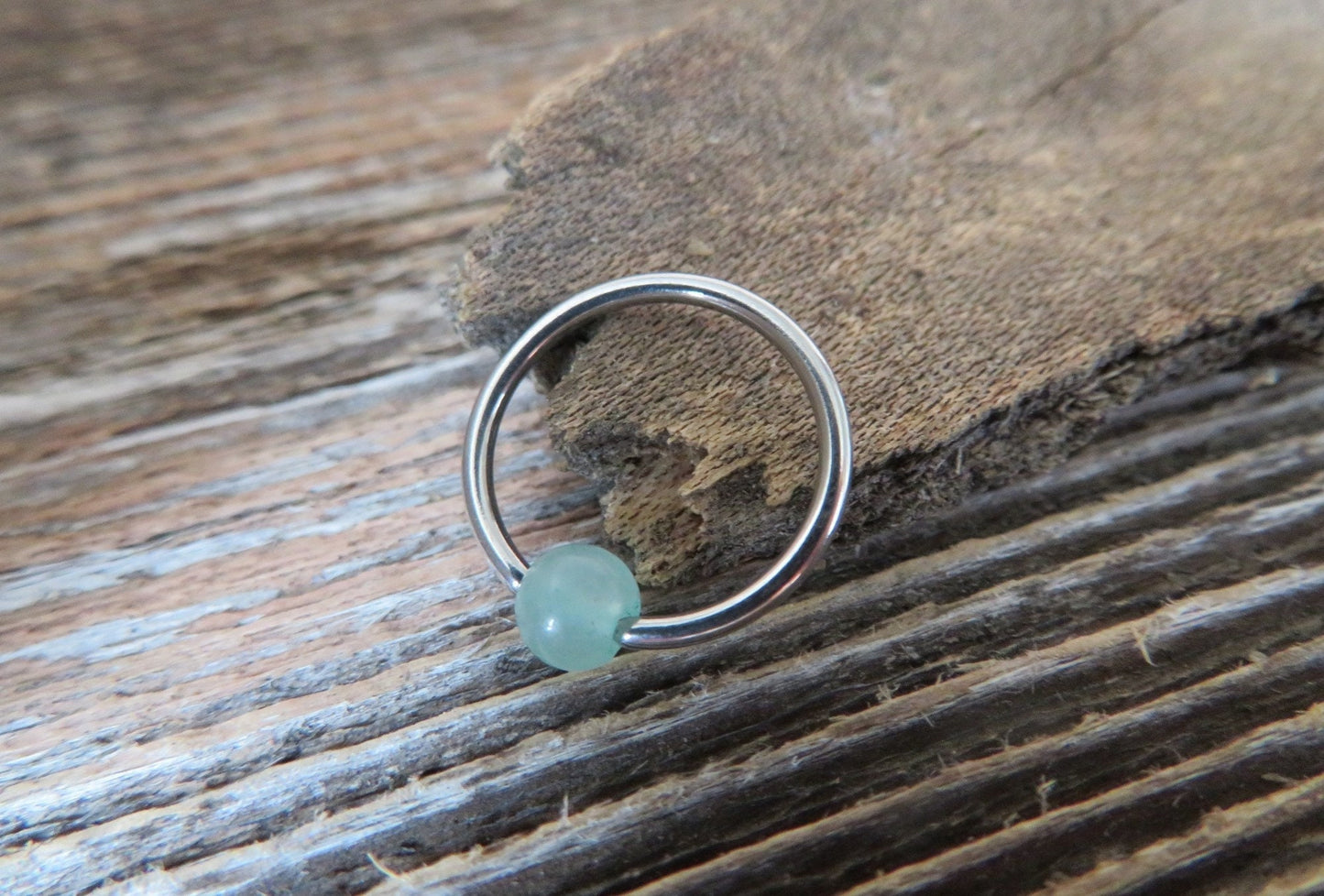 Natural Green Aventurine Stone Bead Steel CBR Ring Hoop 16G (1.2mm) 14G (1.6mm) Nose Cartilage Septum Piercing 316L Surgical Hypoallergenic