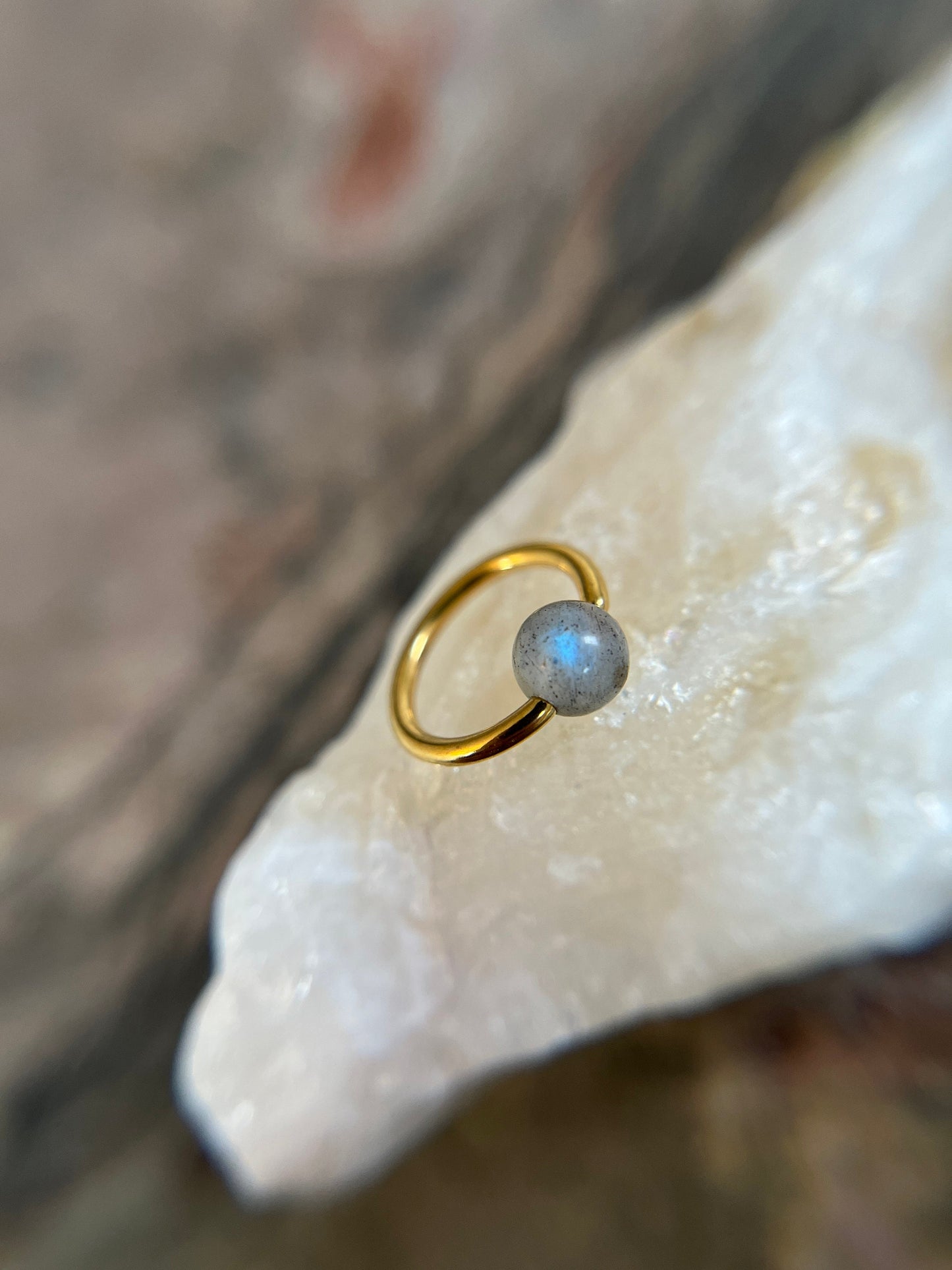 Natural Labradorite Stone Bead Gold Titanium Plated CBR Ring Hoop 16G (1.2mm) 14G (1.6mm) Nose Helix Cartilage Septum Piercing 316L Steel