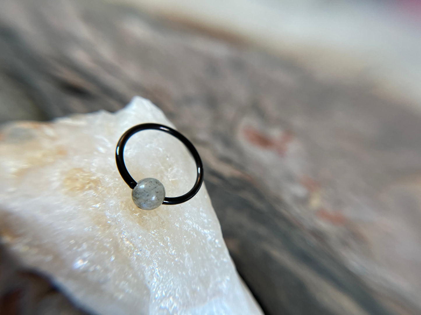 Natural Labradorite Stone Bead Black Titanium Plated CBR Ring Hoop 16G (1.2mm) 14G (1.6mm) Nose Helix Cartilage Septum Piercing 316L Steel