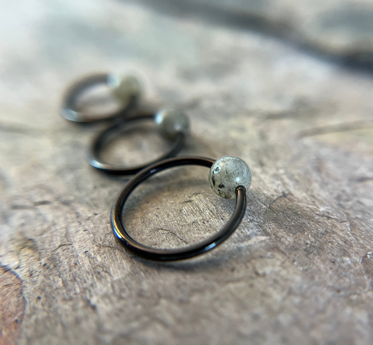 Natural Labradorite Stone Bead Black Titanium Plated CBR Ring Hoop 16G (1.2mm) 14G (1.6mm) Nose Helix Cartilage Septum Piercing 316L Steel