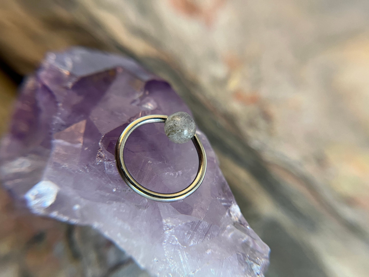 Natural Labradorite Stone Bead Steel CBR Ring Hoop 16G (1.2mm) 14G (1.6mm) Nose Cartilage Septum Piercing 316L Surgical Hypoallergenic Flash