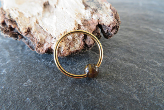 Natural Yellow Tiger's Eye Stone Bead Gold Titanium Plated CBR Ring Hoop 16G (1.2mm) 14G (1.6mm) Nose Cartilage Septum Piercing 316L Steel