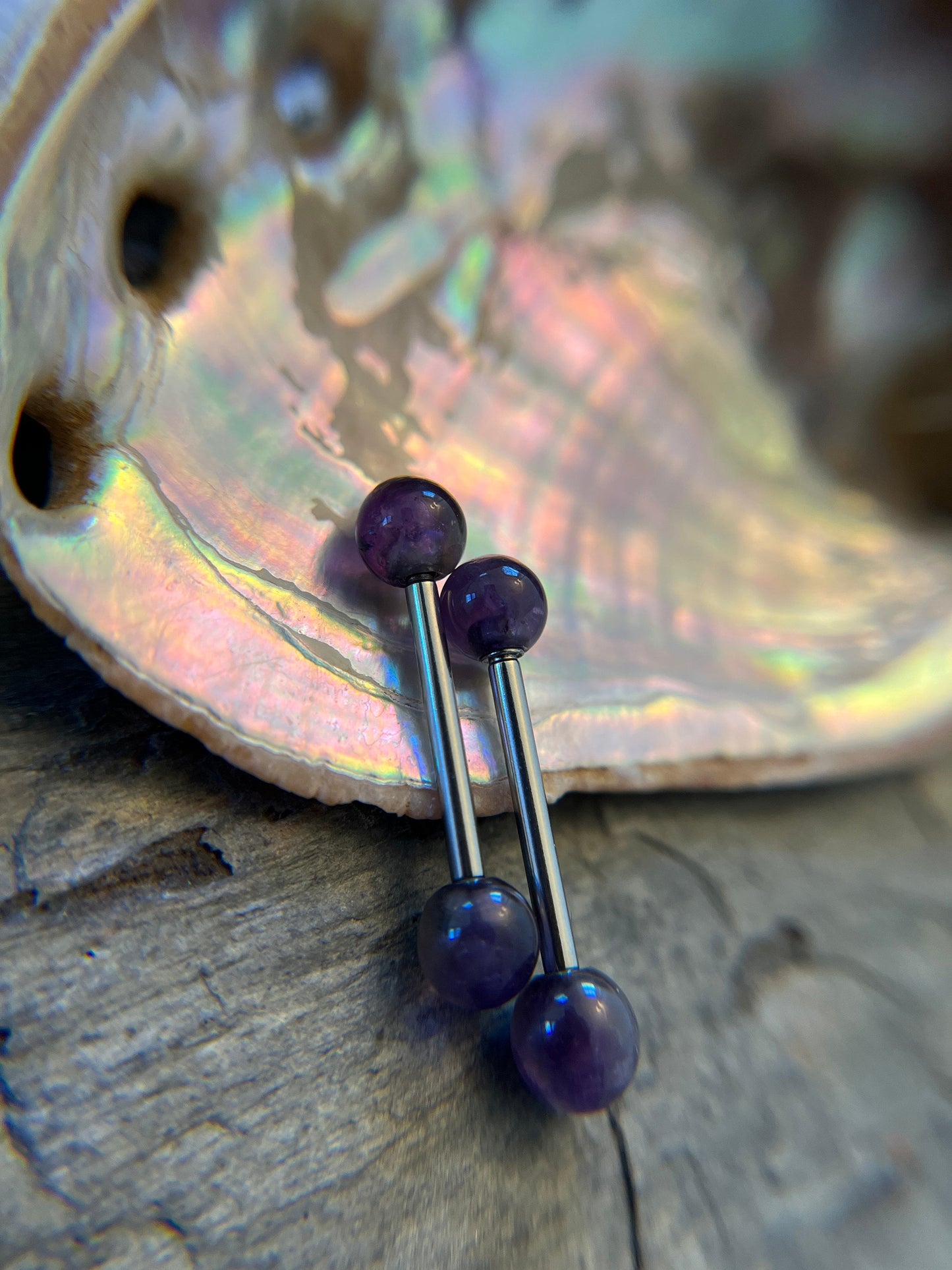 Petite Pure Titanium Implant Grade 6Al-4V-Eli ASTM F Purple Amethyst Natural Stone Nipple Tongue Ring Barbells 14G (1.6mm) Barbell Piercing