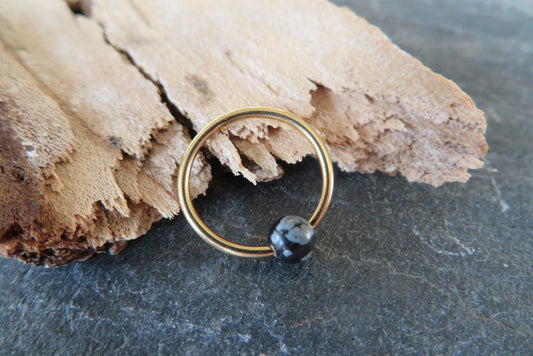 Natural Snowflake Obsidian Stone Bead Gold Titanium Plated CBR Ring Hoop 16G (1.2mm) 14G (1.6mm) Nose Cartilage Septum Piercing 316L Steel